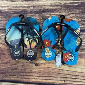 Mens Jack & jones Flip Flops Size 9/10 Beach Surfer Floral Design (2 Pack)